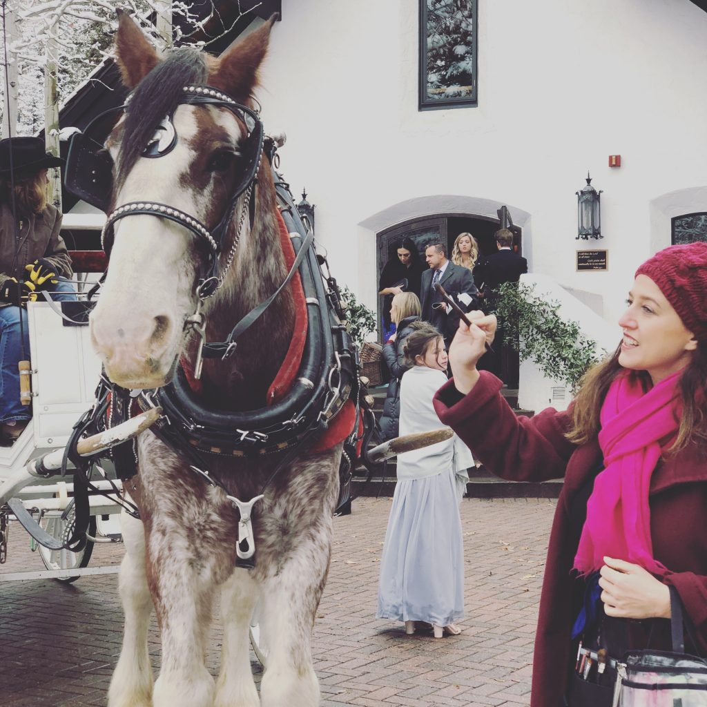 Sharon, makeup brush in hand, next to a horse hooked up to a carriage. 