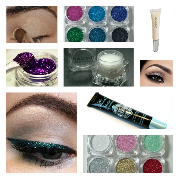 Glitter, eyeshadow, eye primer, glitter glue image collage for blog