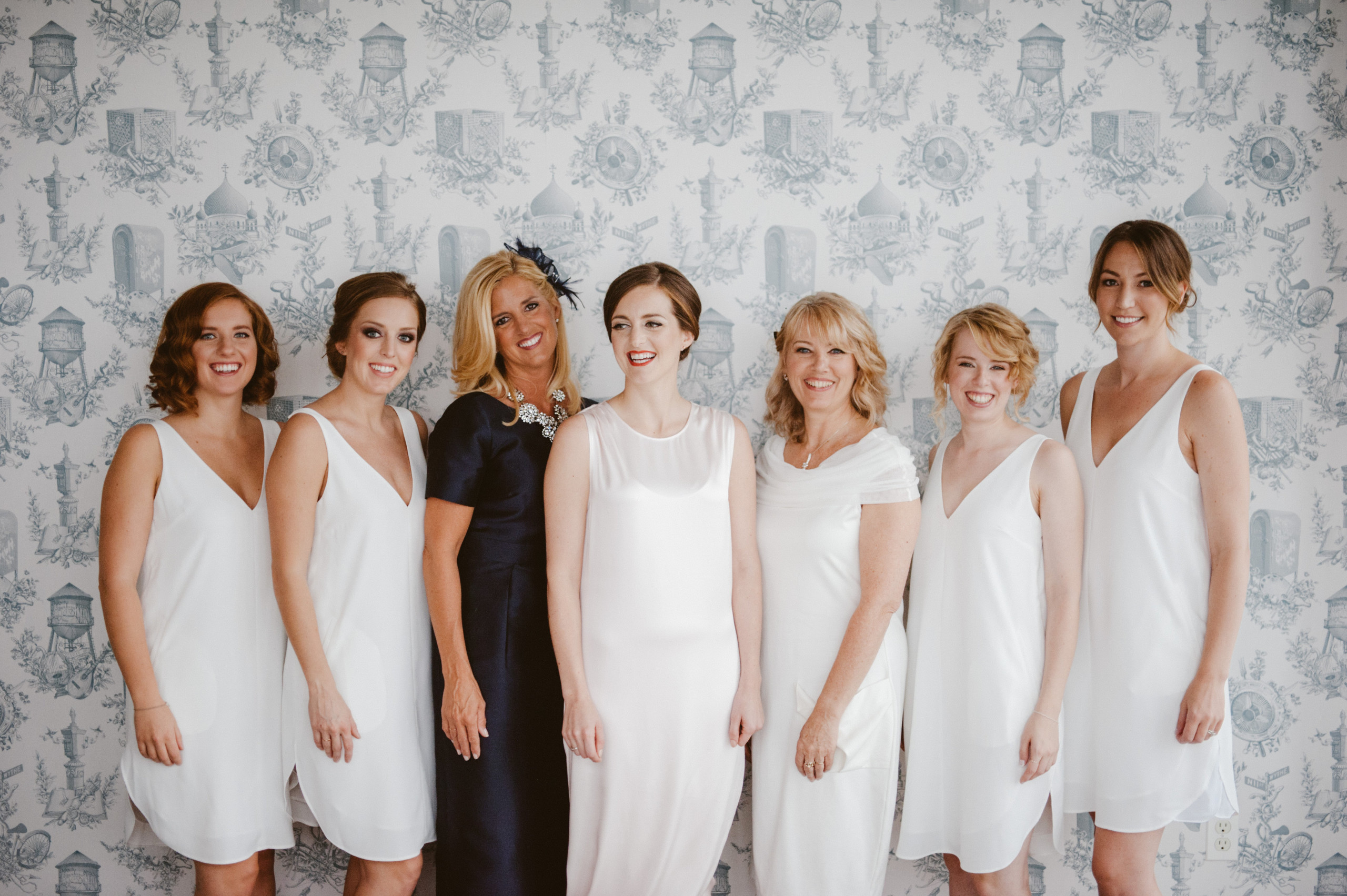 Bride, mother-of-the-bride and bridesmaids with modern, chic hair, pictured at the Wythe Hotel, Brooklyn